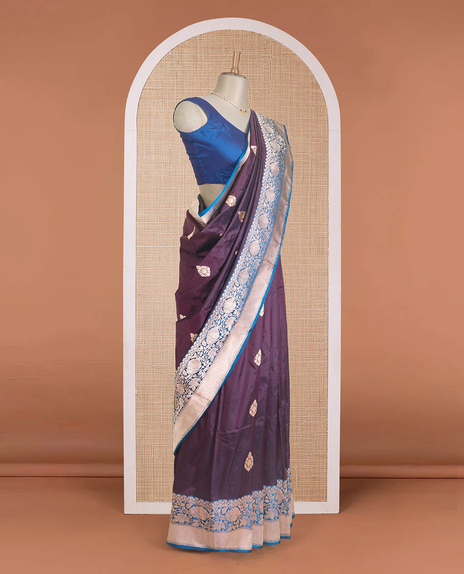 Maroon zari buttas Banarasi kathan silk saree, contrast traditional zari floral creeper border, and pallu features dobby style buttas