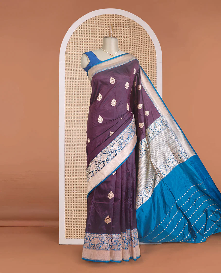 Maroon zari buttas Banarasi kathan silk saree, contrast traditional zari floral creeper border, and pallu features dobby style buttas - Image 2