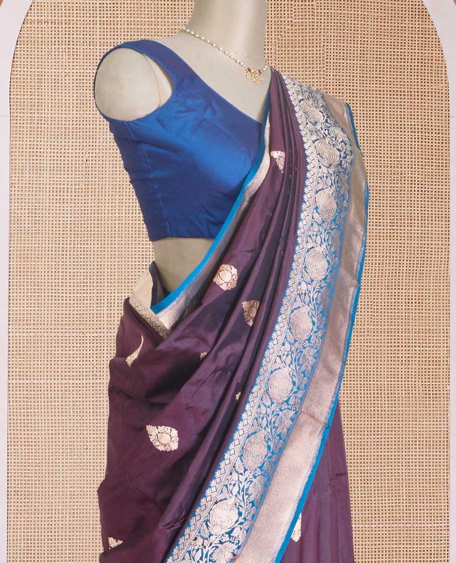 Maroon zari buttas Banarasi kathan silk saree, contrast traditional zari floral creeper border, and pallu features dobby style buttas - Image 3