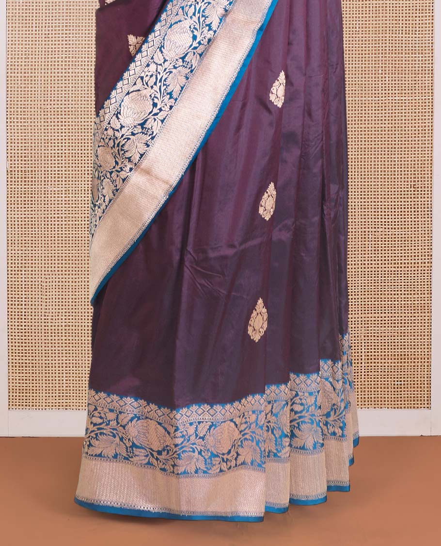 Maroon zari buttas Banarasi kathan silk saree, contrast traditional zari floral creeper border, and pallu features dobby style buttas - Image 4