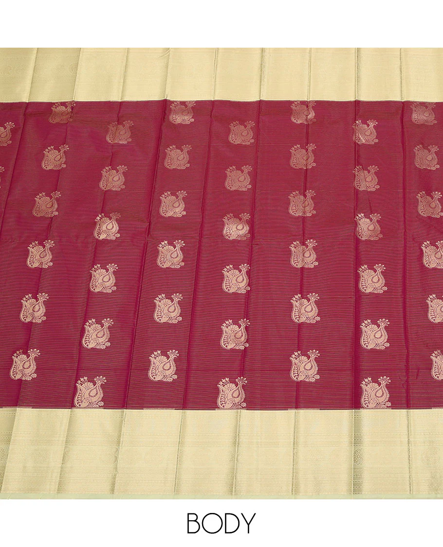 Maroon zari buttas budget silk saree, contrast traditional zari design border, and jaal pallu - Image 3