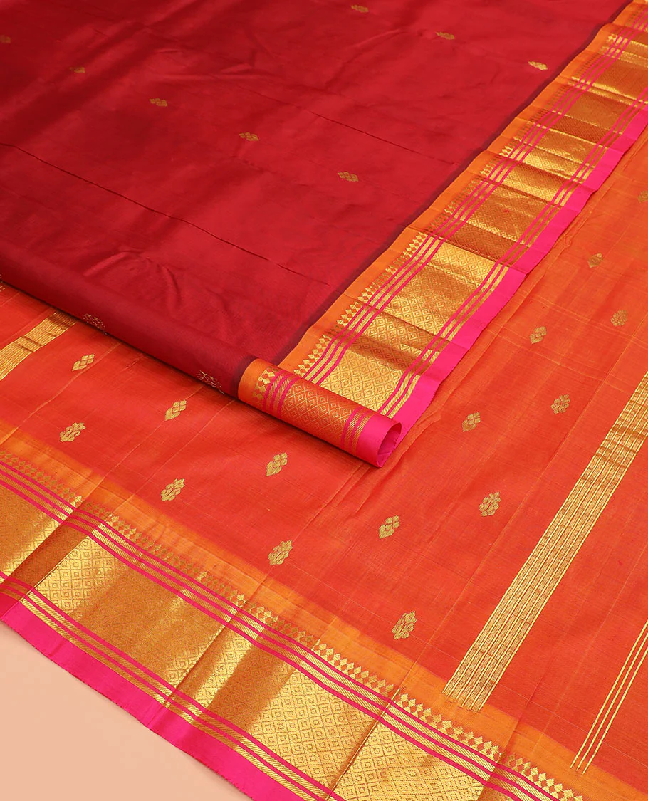 Maroon zari buttas Kanchipuram silk saree, contrast border of paneer sombu, banaras, and mayil kann designs, and zari design pallu - Image 2