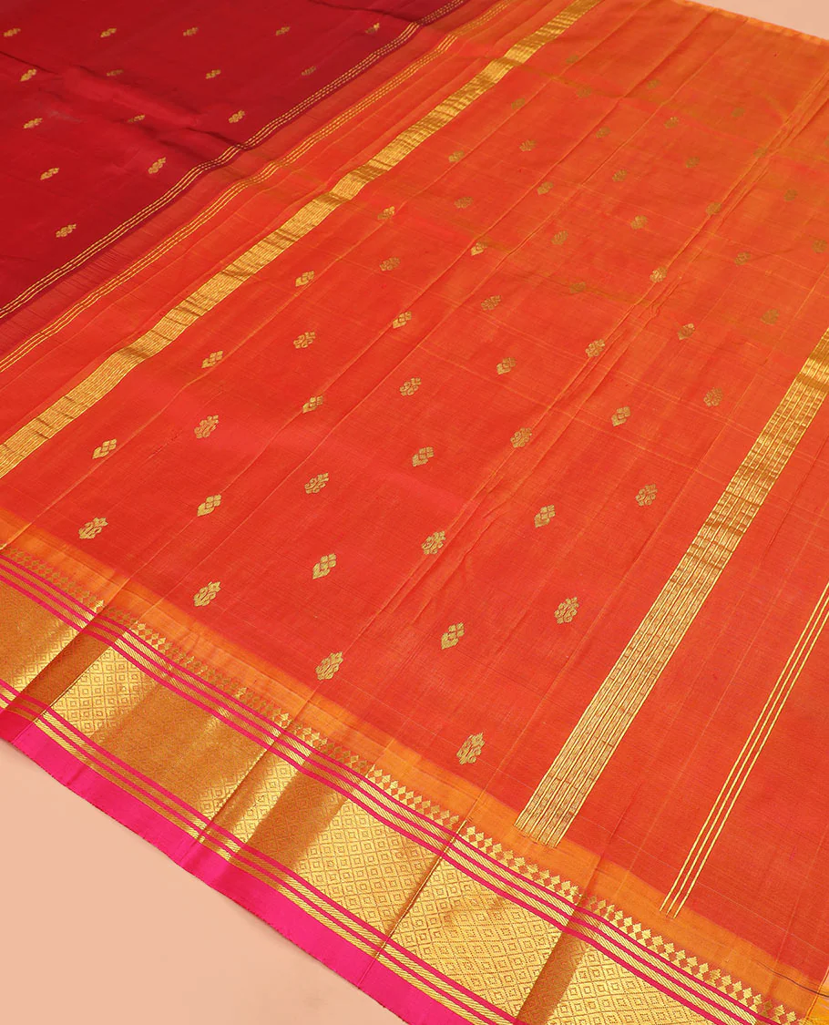 Maroon zari buttas Kanchipuram silk saree, contrast border of paneer sombu, banaras, and mayil kann designs, and zari design pallu - Image 5