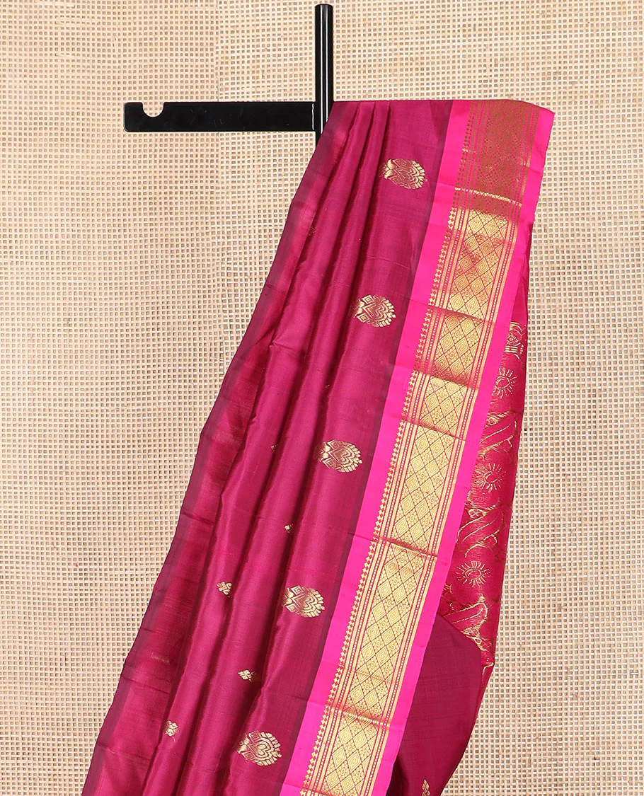 Maroon zari buttas Kanchipuram silk saree, contrast one-sided border of paneer sombu, banaras, muthu, and jaal designs, and pallu of floral designs - Image 3