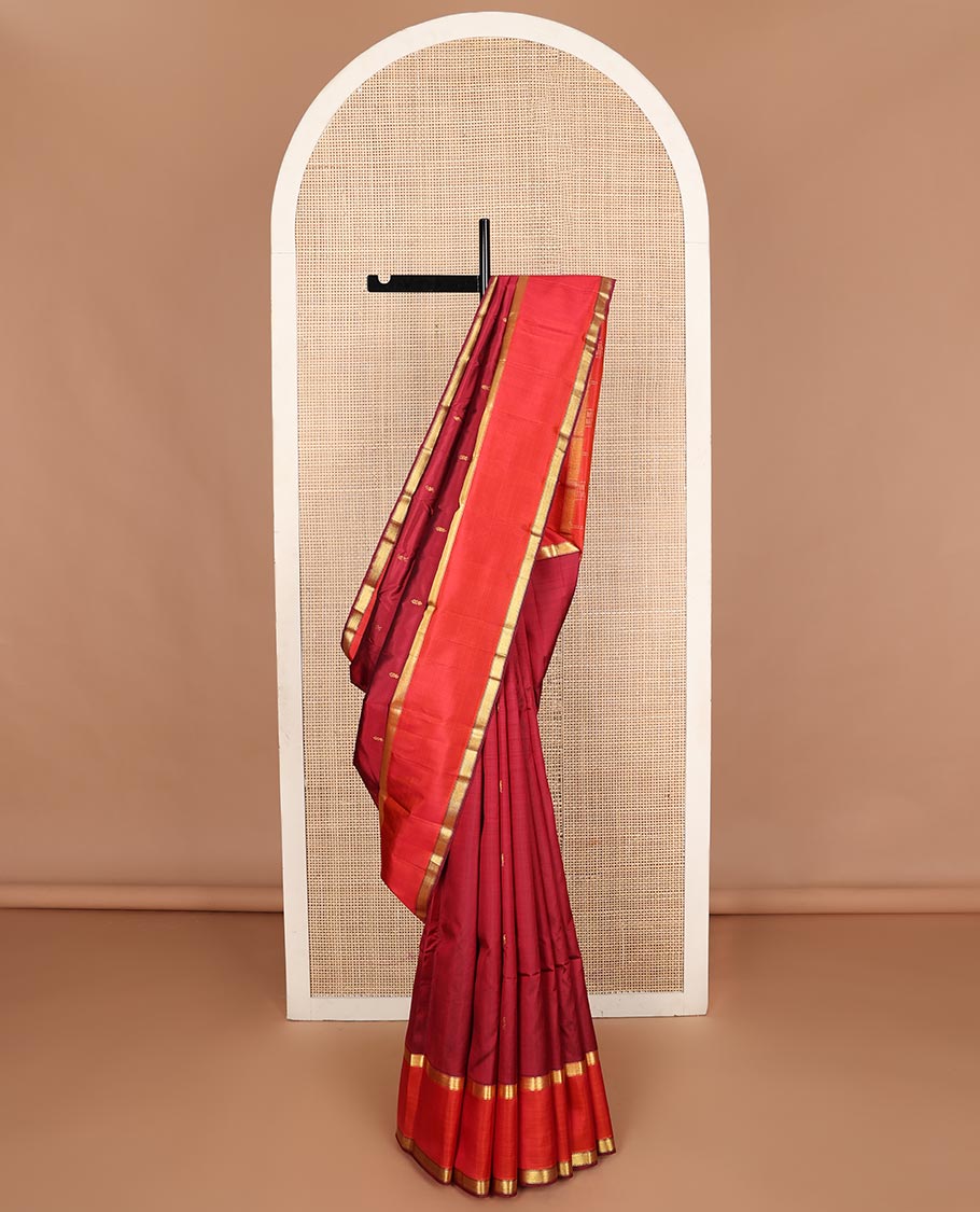 Maroon zari buttas Kanchipuram silk saree, contrast rettai pettu zari border of muthu designs, and zari design pallu