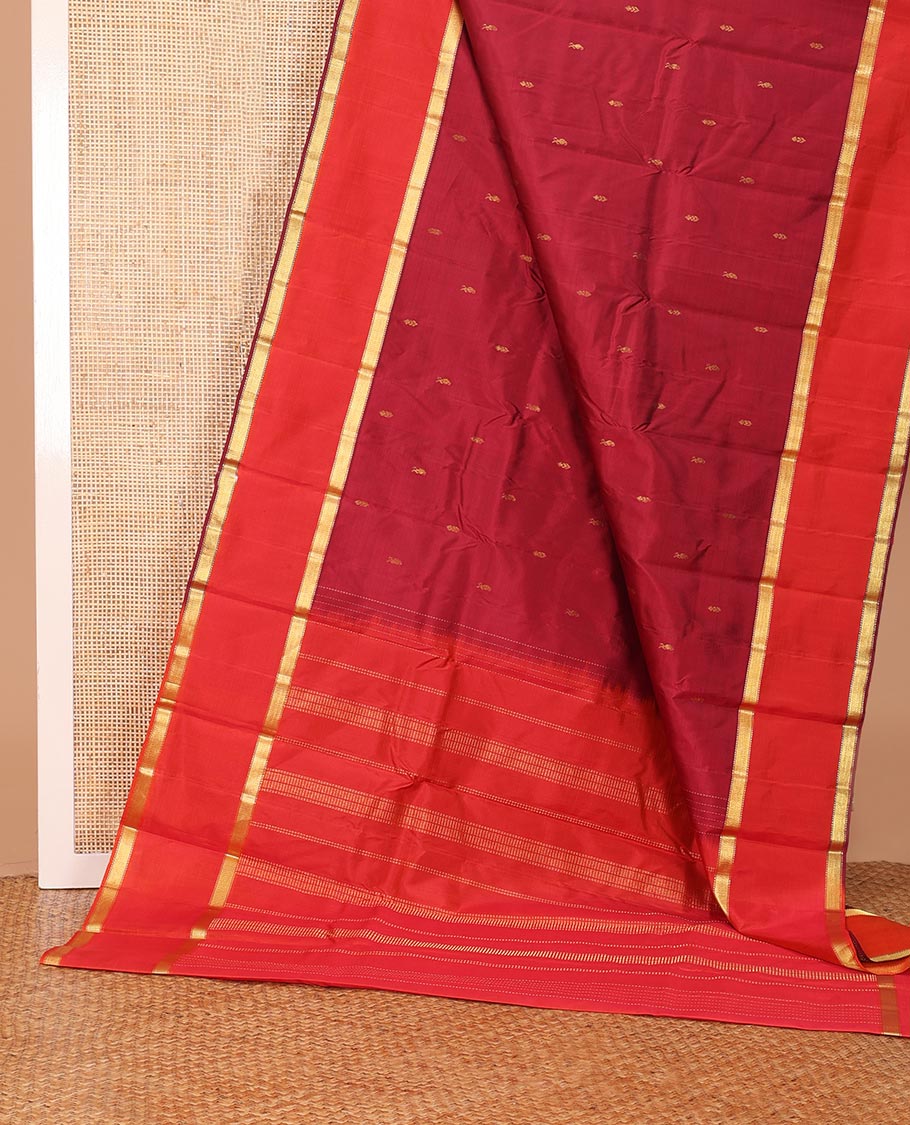 Maroon zari buttas Kanchipuram silk saree, contrast rettai pettu zari border of muthu designs, and zari design pallu - Image 3