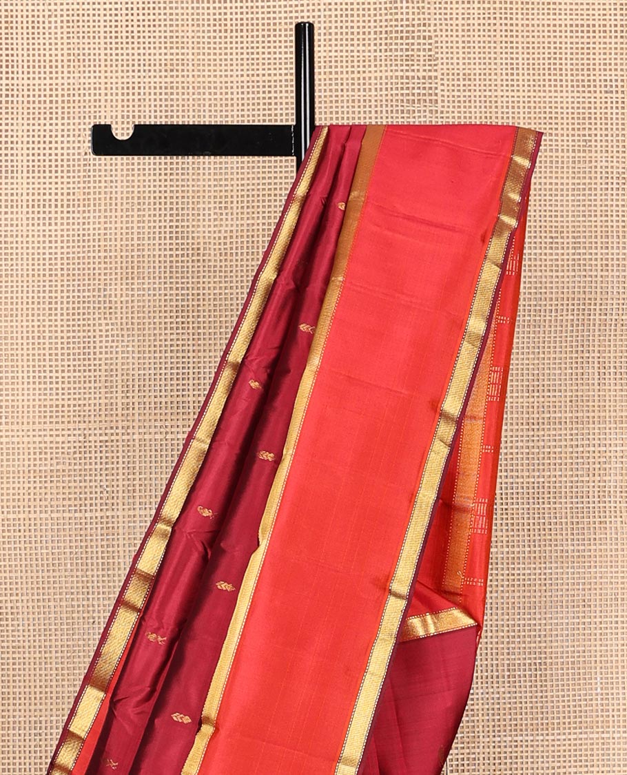 Maroon zari buttas Kanchipuram silk saree, contrast rettai pettu zari border of muthu designs, and zari design pallu - Image 4