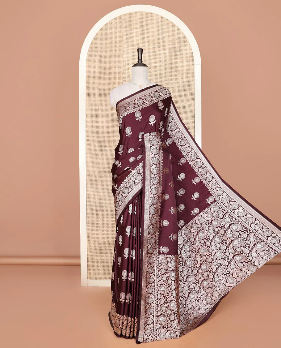 Maroon zari buttas mushru silk saree, floral creeper design border, and intricately designed pallu