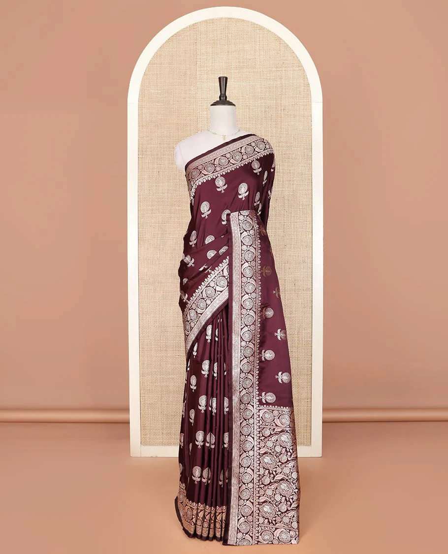 Maroon zari buttas mushru silk saree, floral creeper design border, and intricately designed pallu - Image 2
