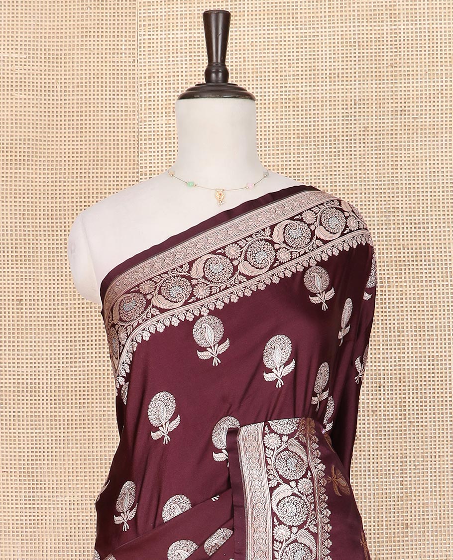 Maroon zari buttas mushru silk saree, floral creeper design border, and intricately designed pallu - Image 3