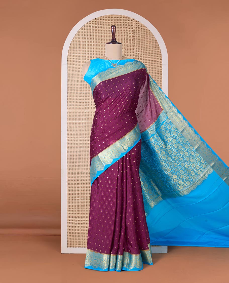 Maroon zari buttas Mysore silk saree, contrast traditional zari border, and floral jaal pallu - Image 2