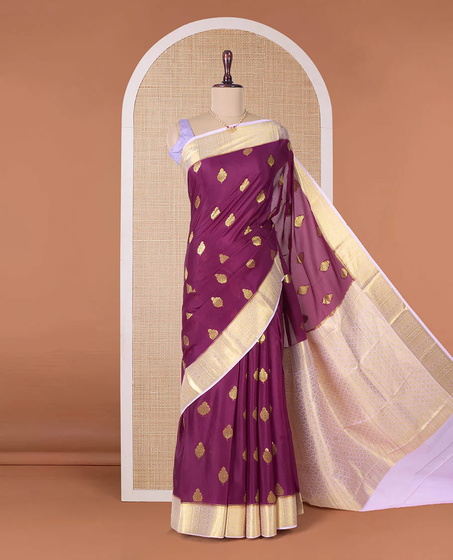 Maroon zari buttas Mysore silk saree, contrast traditional zari border, and jaal pallu - Image 2