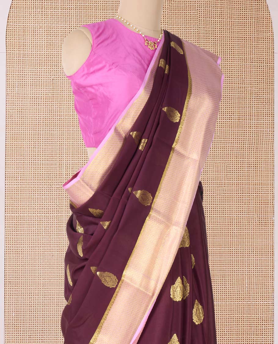 Maroon zari buttas Mysore silk saree, contrast traditional zari border, and pallu of jaal design - Image 3