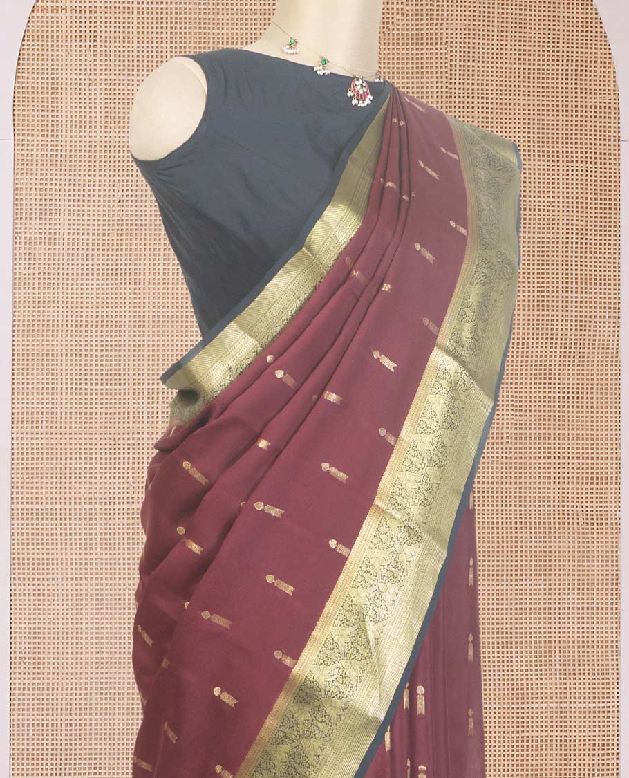 Maroon zari buttas Mysore silk saree, contrast traditional zari design border, and intricate pallu - Image 3