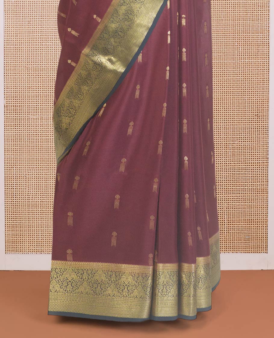 Maroon zari buttas Mysore silk saree, contrast traditional zari design border, and intricate pallu - Image 4