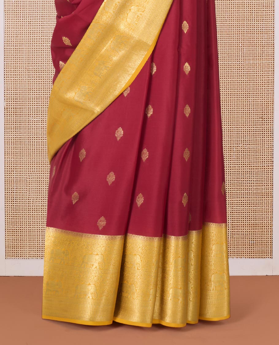 Maroon zari buttas Mysore silk saree with contrast traditional zari border, and a pallu of paisleys - Image 4