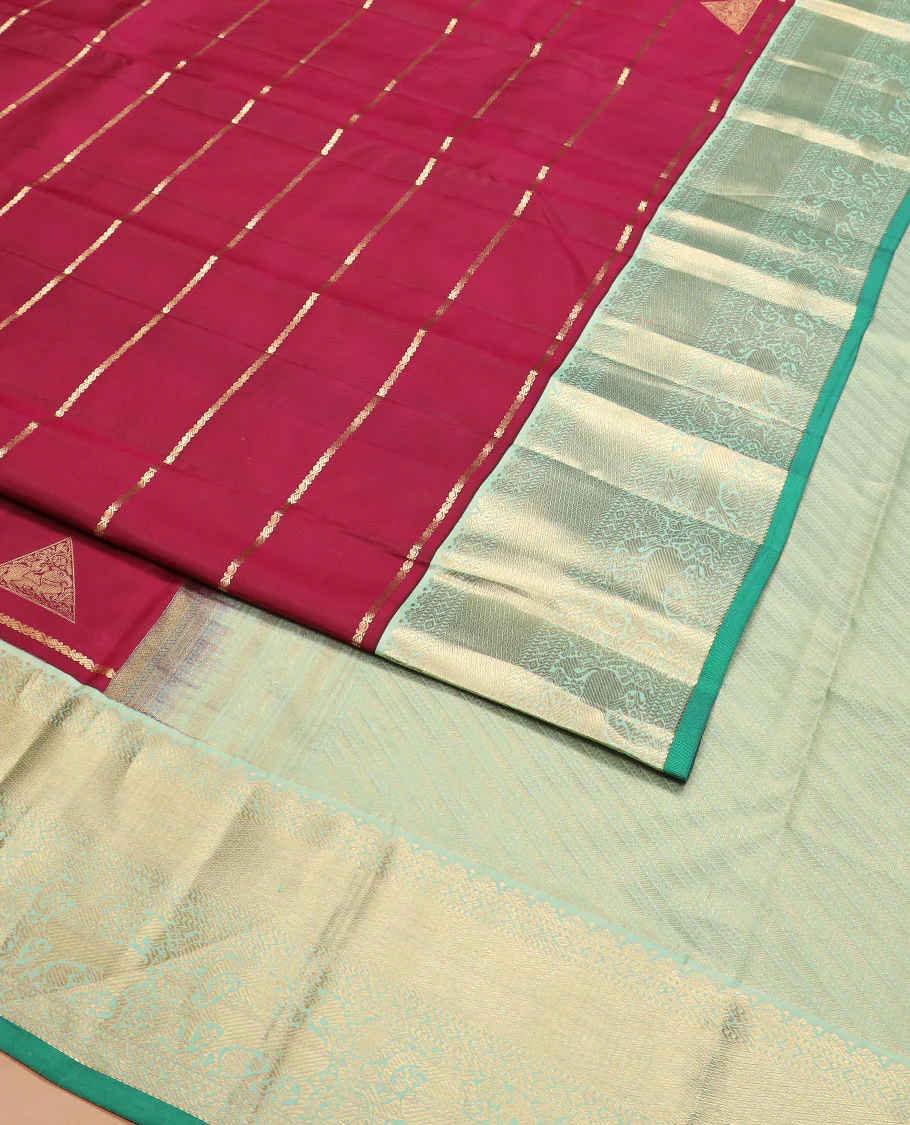 Maroon zari buttas Vasundhara silk saree, contrast border of yaali designs, and pallu of diagonal stripes - Image 2