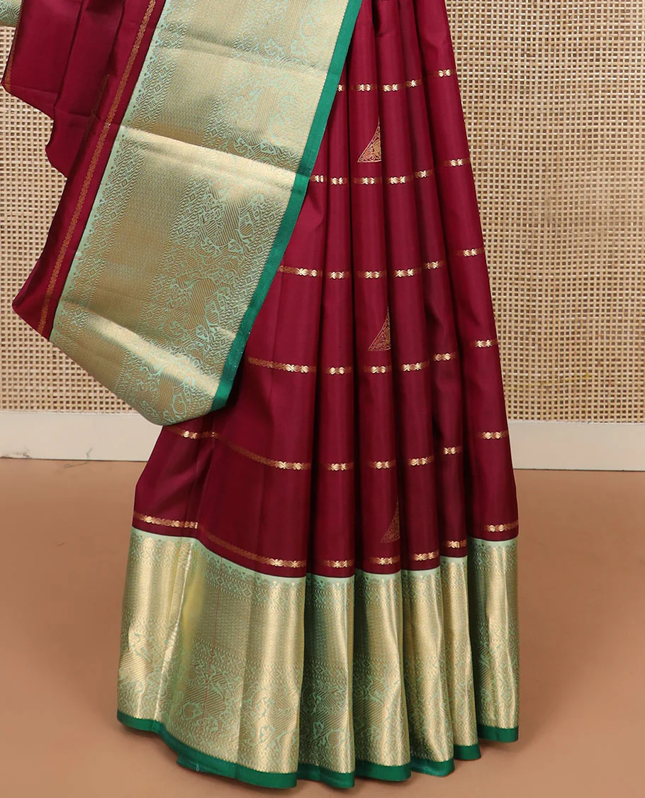 Maroon zari buttas Vasundhara silk saree, contrast border of yaali designs, and pallu of diagonal stripes - Image 4