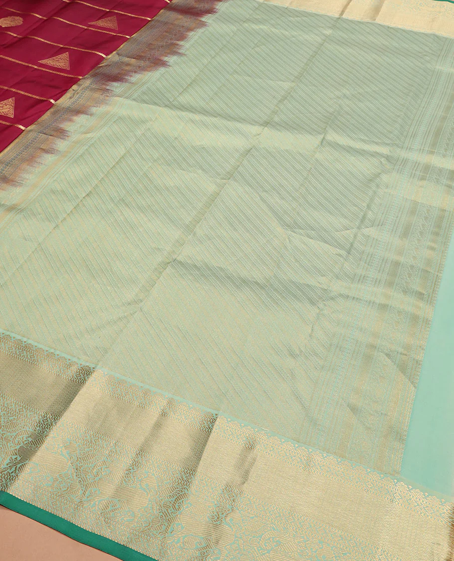 Maroon zari buttas Vasundhara silk saree, contrast border of yaali designs, and pallu of diagonal stripes - Image 5