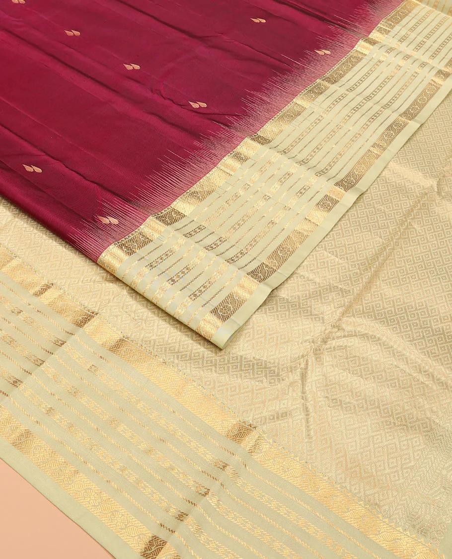 Maroon zari buttas Vasundhara silk saree, contrast varisai pettu border of rekku, kamalam, banaras, and diamond designs, and jaal pallu - Image 2