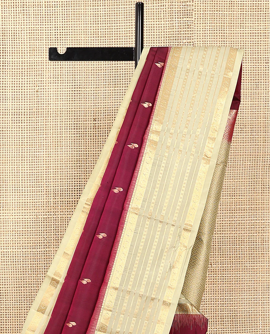 Maroon zari buttas Vasundhara silk saree, contrast varisai pettu border of rekku, kamalam, banaras, and diamond designs, and jaal pallu - Image 3