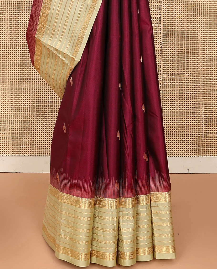 Maroon zari buttas Vasundhara silk saree, contrast varisai pettu border of rekku, kamalam, banaras, and diamond designs, and jaal pallu - Image 4