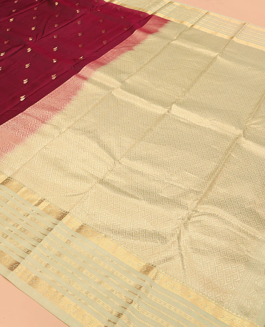Maroon zari buttas Vasundhara silk saree, contrast varisai pettu border of rekku, kamalam, banaras, and diamond designs, and jaal pallu - Image 5