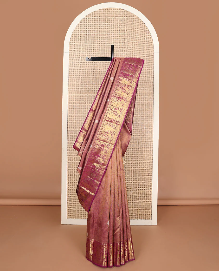 Maroon zari buttas Samudrika silk saree, zari border of muthu, mayil kann, mayil, kili & iruthalai pakshi design & jaal pallu