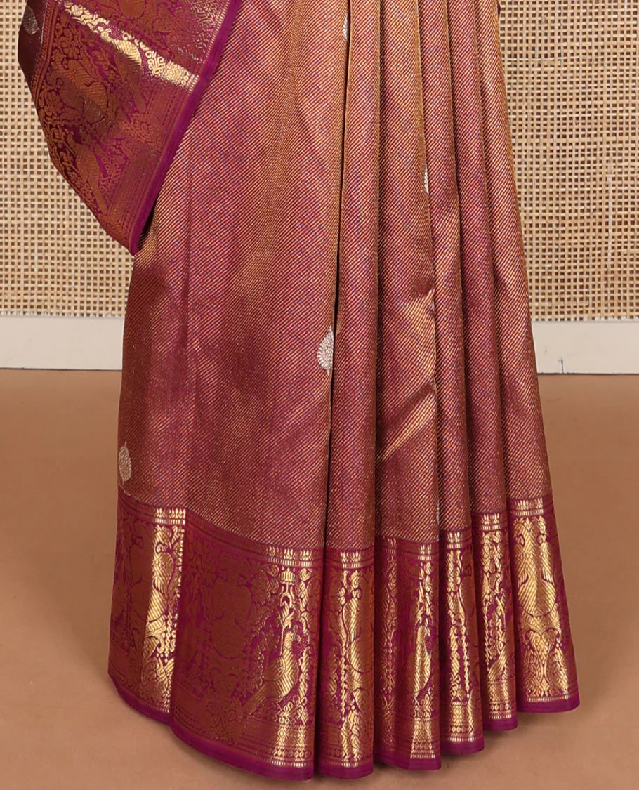 Maroon zari buttas Samudrika silk saree, zari border of muthu, mayil kann, mayil, kili & iruthalai pakshi design & jaal pallu - Image 5