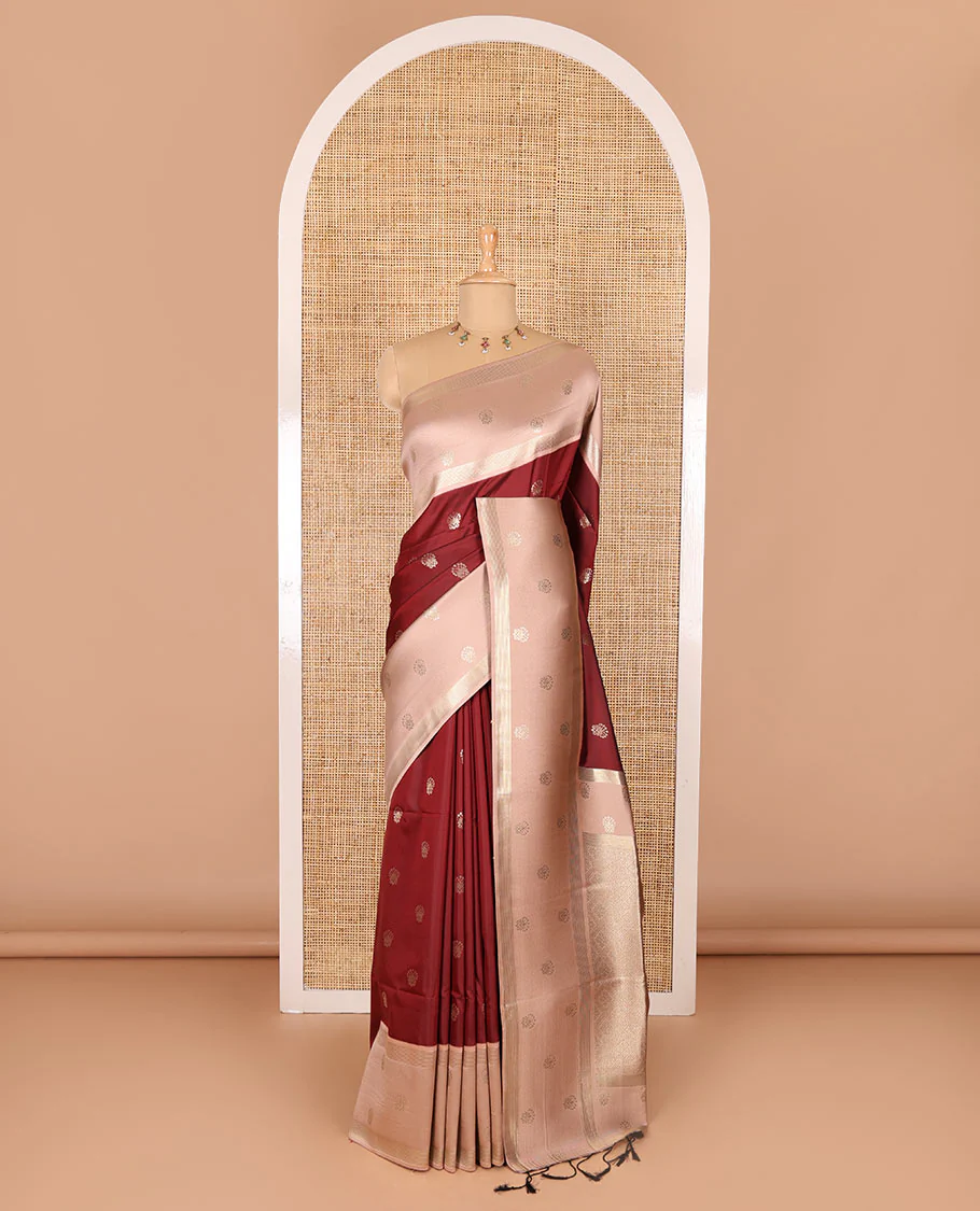 Maroon zari buttas soft silk saree, contrast zari border of intricate designs, zari-rich jaal pallu, and a contrast zari design blouse - Image 2