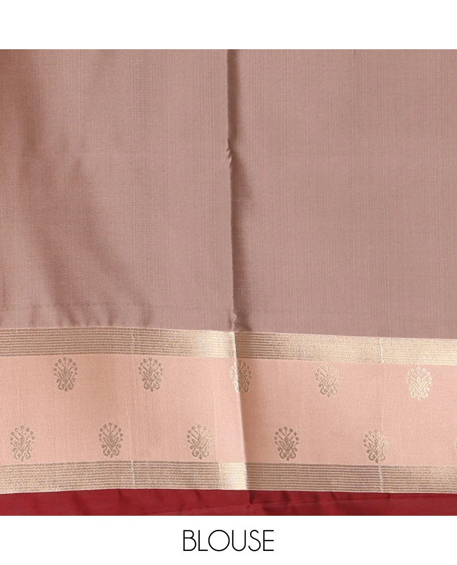 Maroon zari buttas soft silk saree, contrast zari border of intricate designs, zari-rich jaal pallu, and a contrast zari design blouse - Image 4