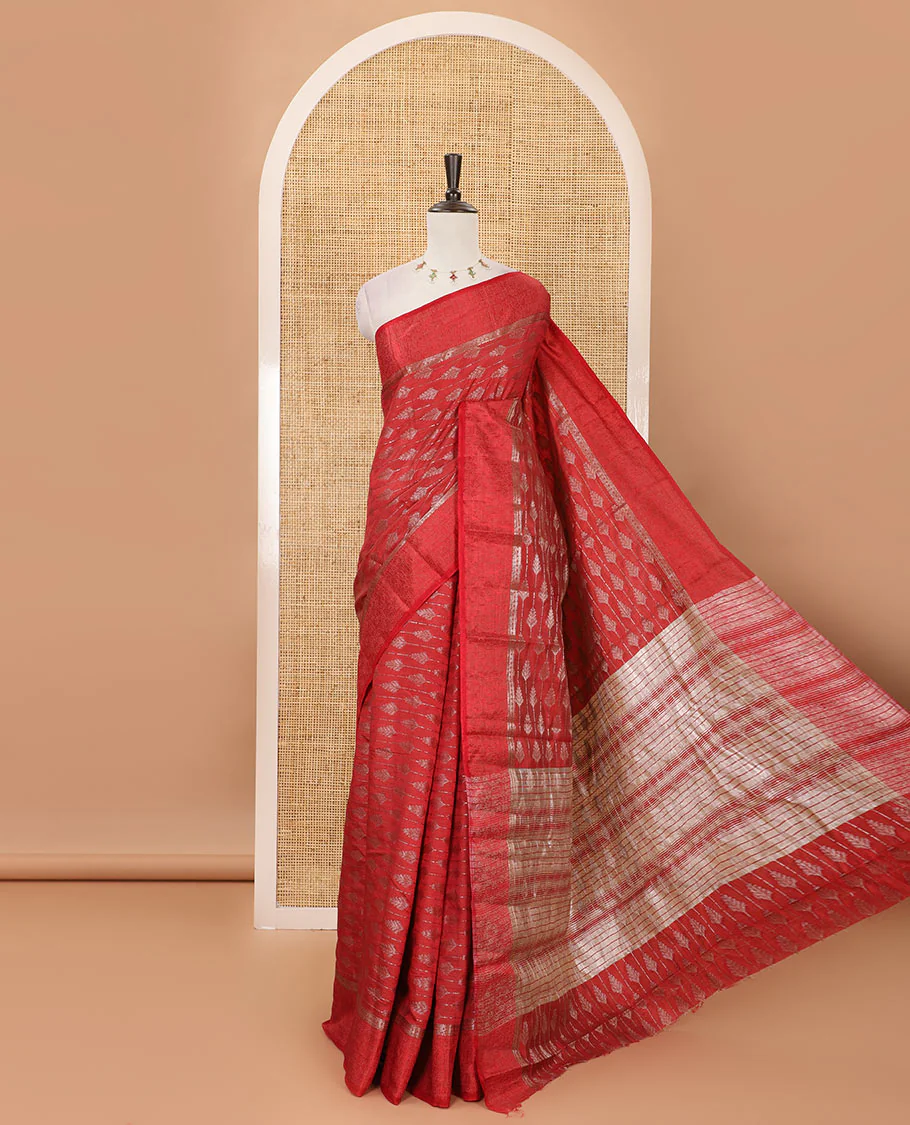 Maroon zari & resham thread arrow design woven art silk saree, zari design satin embossed border & matching blouse