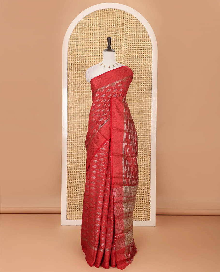 Maroon zari & resham thread arrow design woven art silk saree, zari design satin embossed border & matching blouse - Image 2