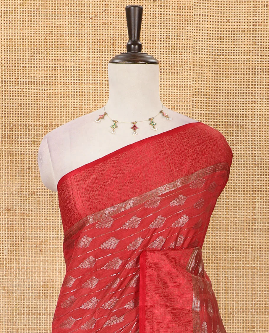 Maroon zari & resham thread arrow design woven art silk saree, zari design satin embossed border & matching blouse - Image 3