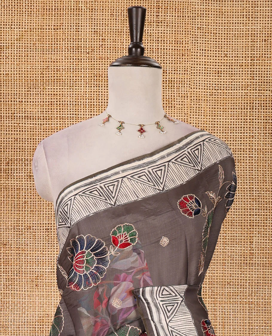 Mauve brown floral print & multi-color floral thread embroidered fancy tussar silk saree, triangle motif print & embroidered border & matching blouse of print & embroidery - Image 3