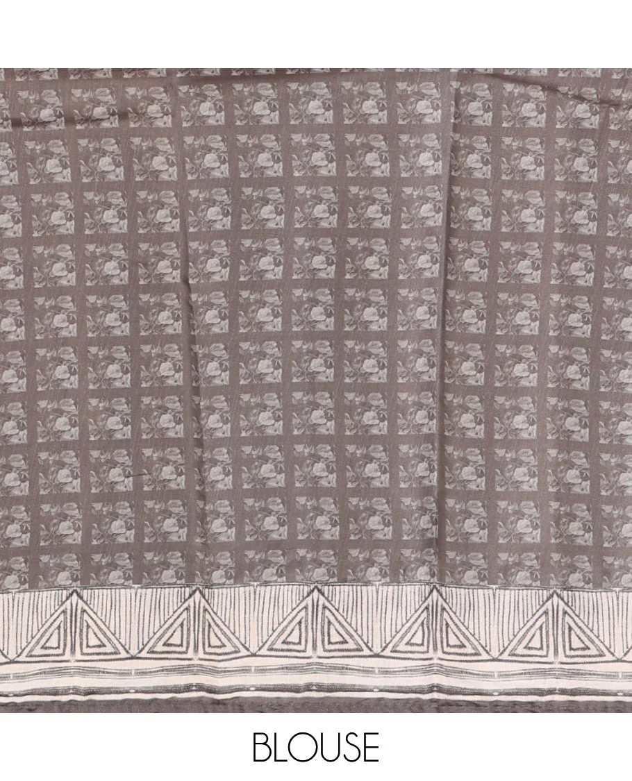 Mauve brown floral print & multi-color floral thread embroidered fancy tussar silk saree, triangle motif print & embroidered border & matching blouse of print & embroidery - Image 4
