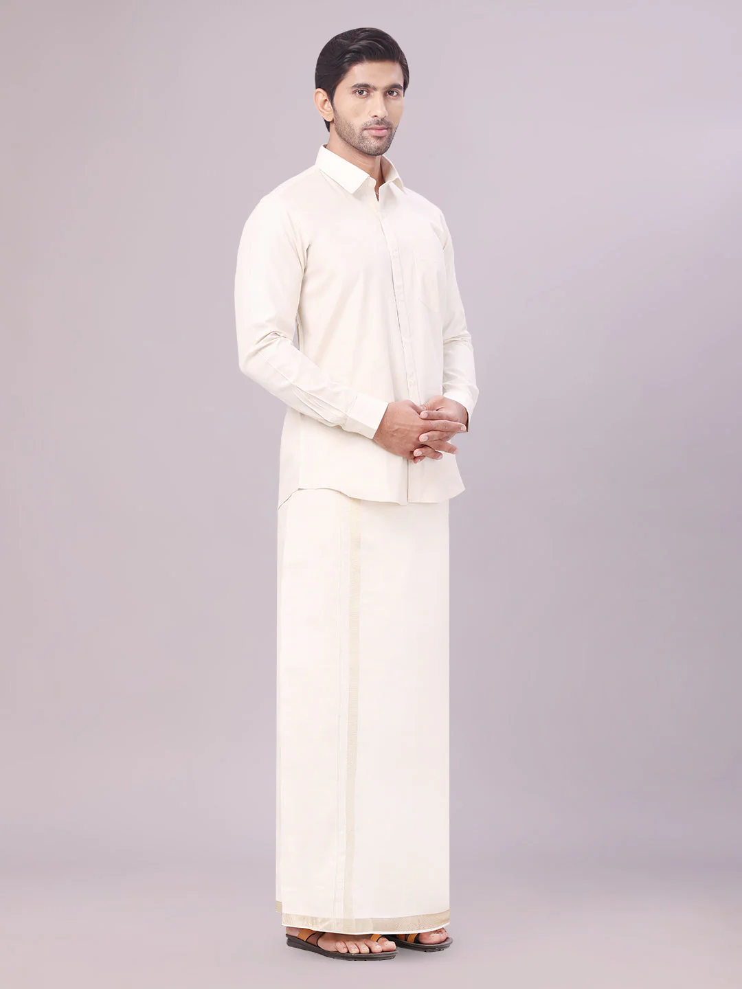 Mens Tissue Beige Colour Dhoti Shirt Wedding Combo Maverick - Image 3