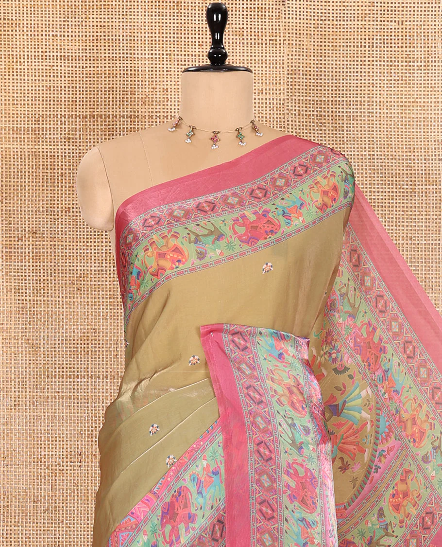Mehendi Green Fendy Chiffon Saree Accentuated with Mughal-Style Motifs Print, Complemented by a Contrast Border of Fauna and Geometric Motifs, Kaleidoscopic-Color Mughal-Theme Printed Pallu, and Paired with Contrast Blouse - Image 2