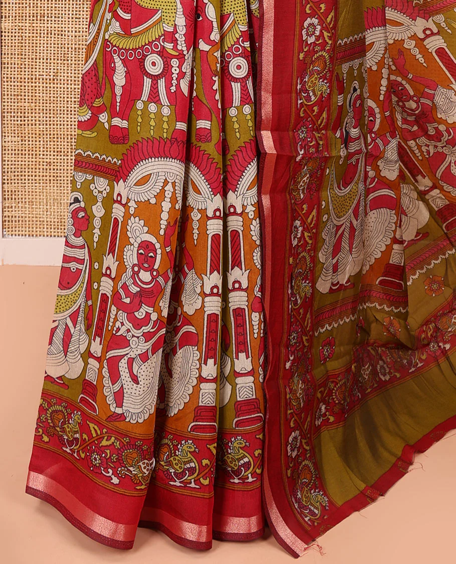 Mehendi green human figurines printed muslin cotton saree, contrast floral-peacock printed border of piping work, kalamkari printed pallu, and a contrast blouse of flower motifs print - Image 3