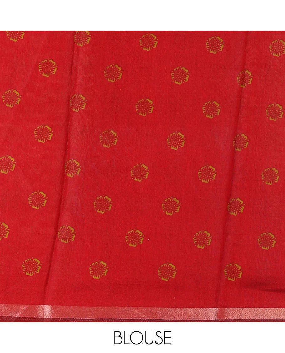 Mehendi green human figurines printed muslin cotton saree, contrast floral-peacock printed border of piping work, kalamkari printed pallu, and a contrast blouse of flower motifs print - Image 4