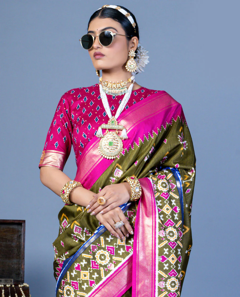 Mehendi green patola floral motifs designer saree, contrast temple border, and patola printed pallu - Image 2