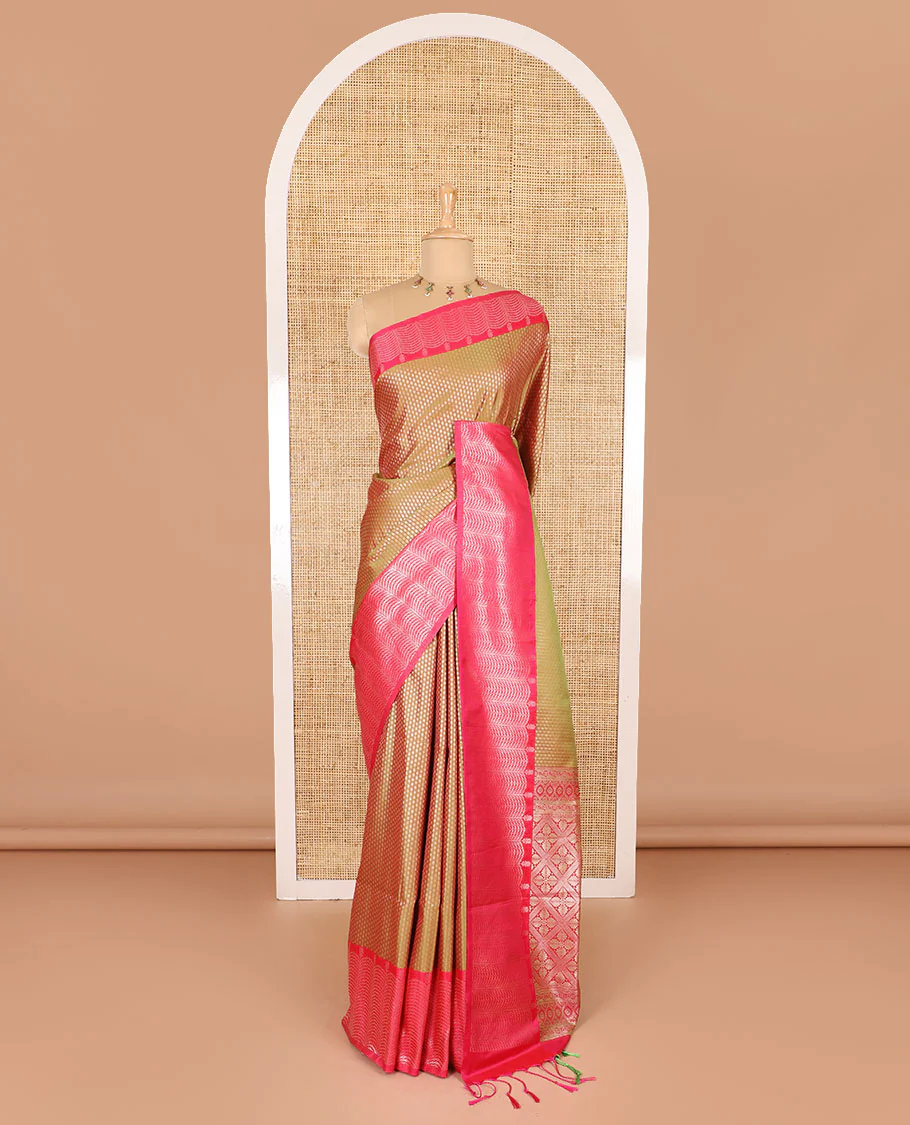 Mehendi green small zari buttas woven elite soft silk saree, contrast zari woven scallop satin border, jaal pallu, and a contrast chakram zari motifs blouse - Image 2