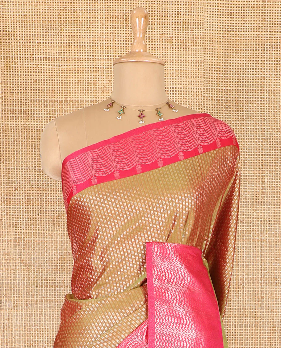 Mehendi green small zari buttas woven elite soft silk saree, contrast zari woven scallop satin border, jaal pallu, and a contrast chakram zari motifs blouse - Image 3