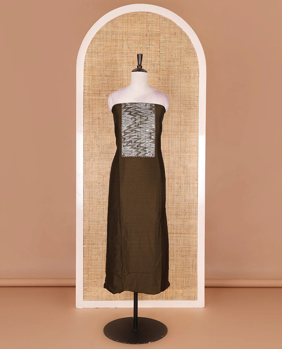 Mehendi green Vertican silk material chudidar set, ikkat chevron striped with mirror neck embroidered top, santoon bottom, and contrast chevron striped dupatta - Image 4