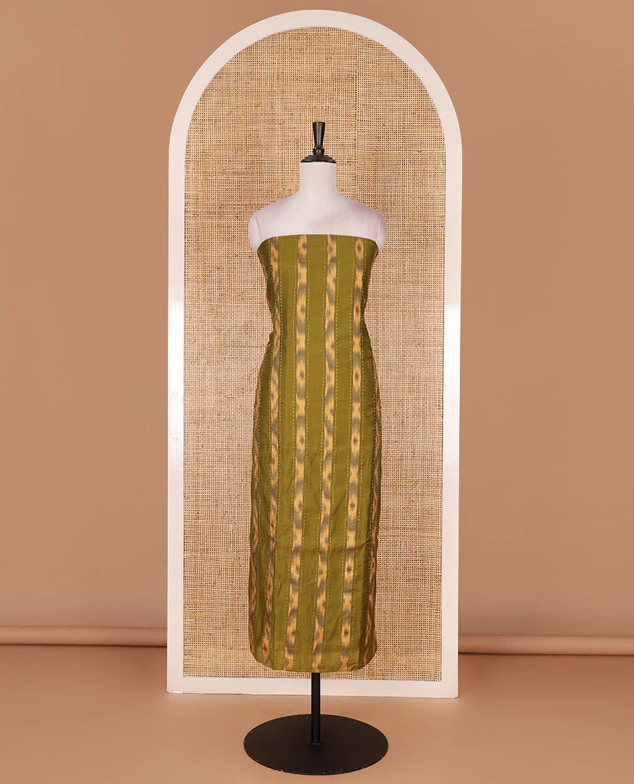 Mehendi green Vertican silk material chudidar set, vertical ikkat stripes, and kantha work top, contrast plain slub cotton bottom, and linen contrast ikkat printed zari border dupatta - Image 4
