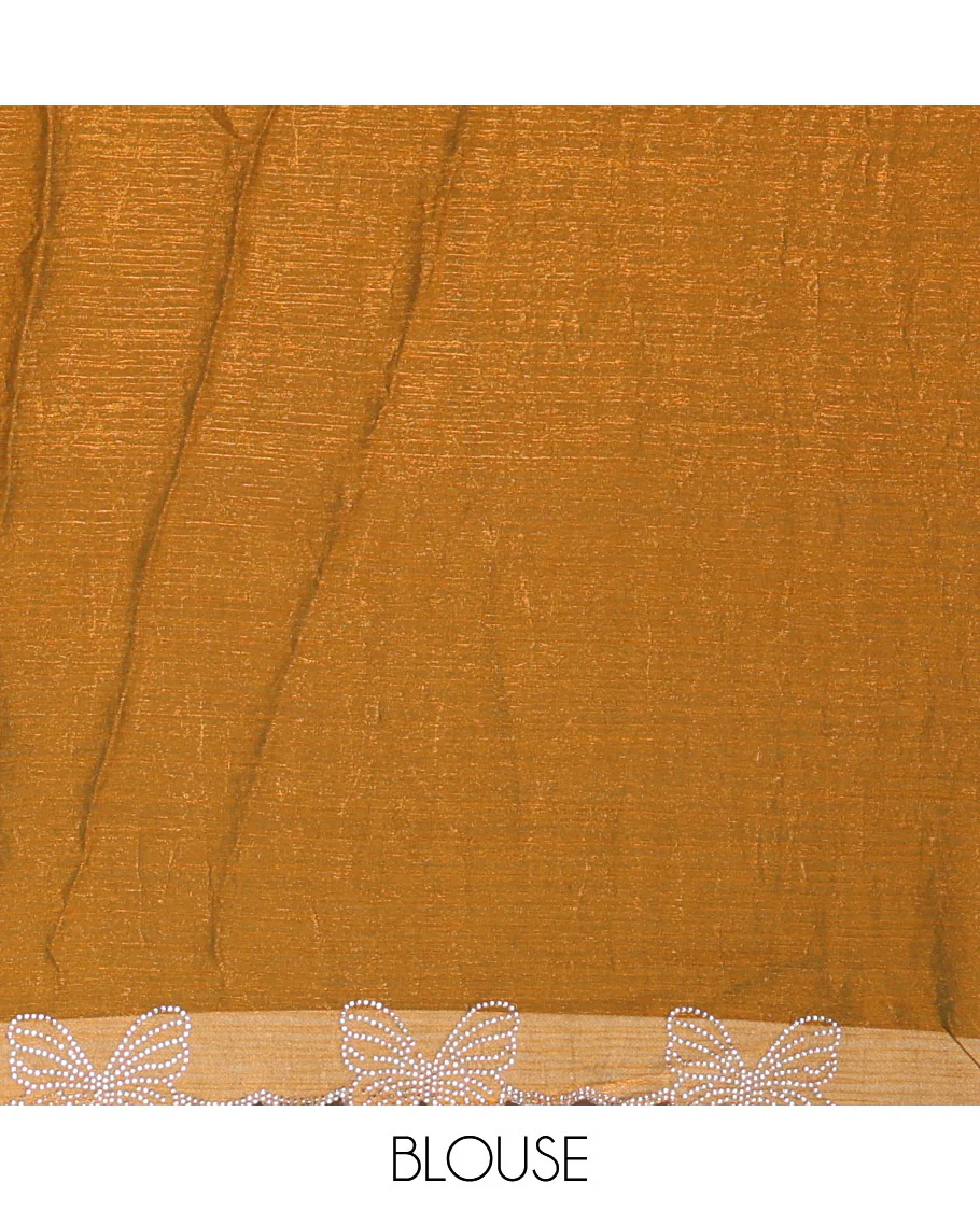 Mehendi plain fendy chiffon saree, scallop border of butterfly motifs in stone work, self-pallu, and a matching blouse - Image 3