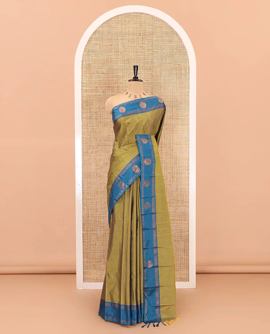 Mehendi zari buttas semi-soft silk saree, contrast peacock zari buttas and striped border, striped pallu, and a plain blouse - Image 2