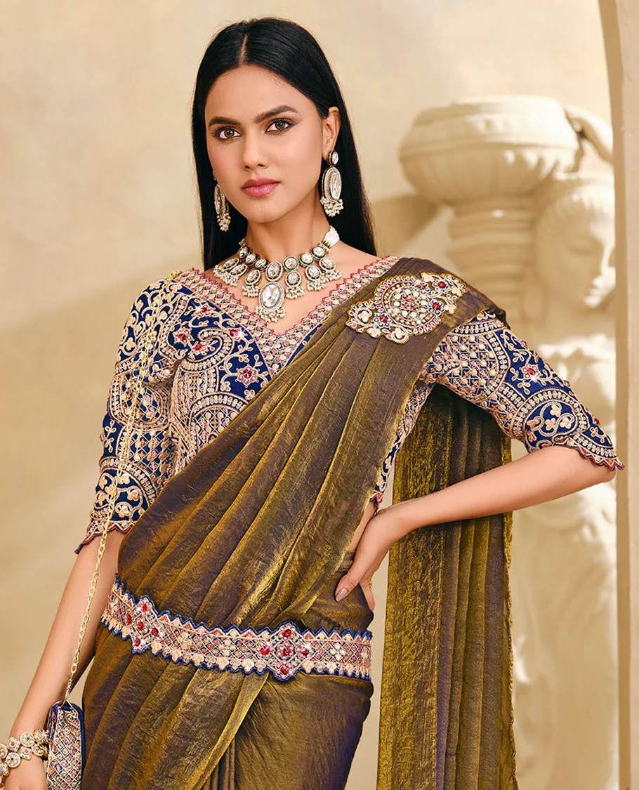 Mehenthi Green Plain Party Wear Designer Saree, Complemented with a Contrast V-Neck Heavy Embroidered Elbow Sleeve Readymade Blouse, Detachable Embroidered Belt, and a Free Embroidered Flap Sling Bag - Image 2