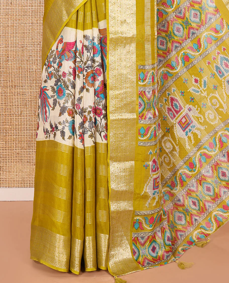 Mehenti Green Viscose Georgette Adorned with Horizontal Zari Stripes and Floral Prints, Complemented by a Contrast Traditional Zari Border, a Printed Pallu with Patola Patterns, and a Contrast Blouse - Image 3