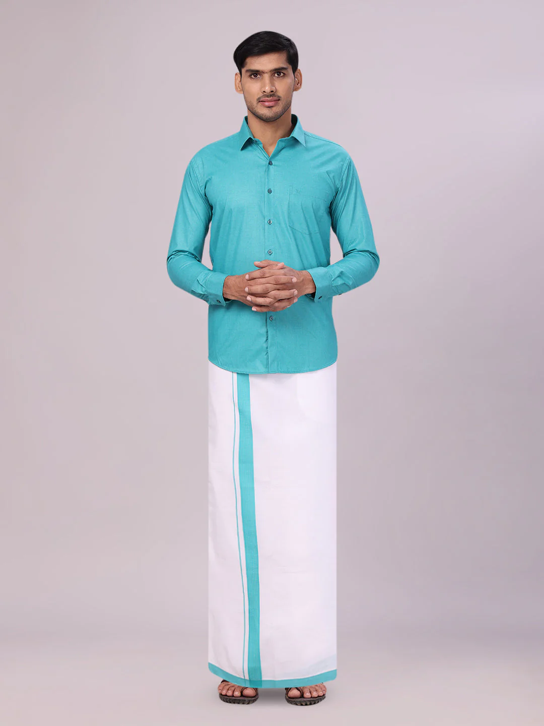 Men's Light Blue Shirt with Matching Border Flexi Dhoti Combo Casper Flexi